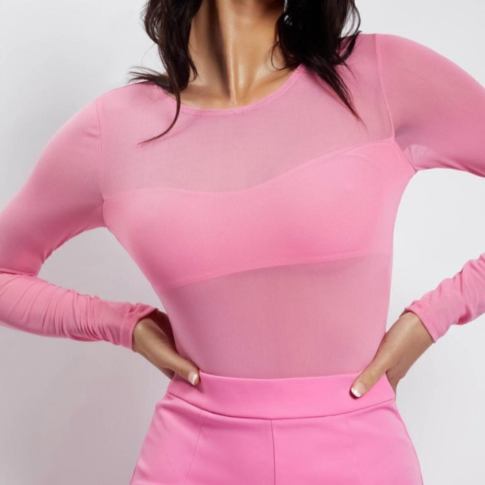 NWT, Meshki, Blaire Mesh Long Sleeve Bodysuit, Pink Size XS
